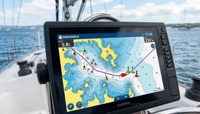 Navionics marine navigation app interface showing depth contours and shallow water markers