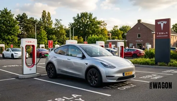 Tesla Model Y charging at a Supercharger station.
