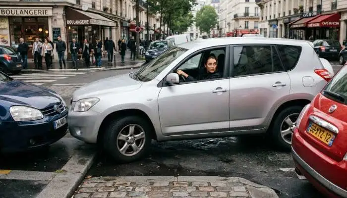 Driver trying to parallel park a midsize SUV in a tight city street parking spot.