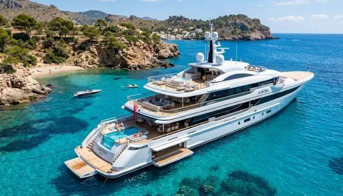 Luxury motor yacht with spacious multiple decks anchored in a clear blue bay