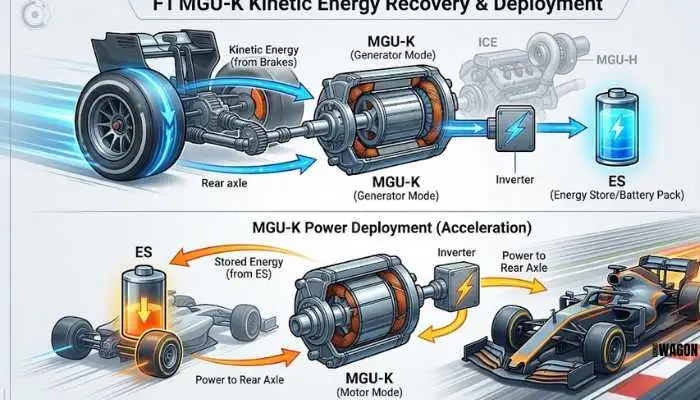 Diagram explaining how the F1 MGU-K recovers kinetic energy during braking and deploys power to rear wheels during acceleration