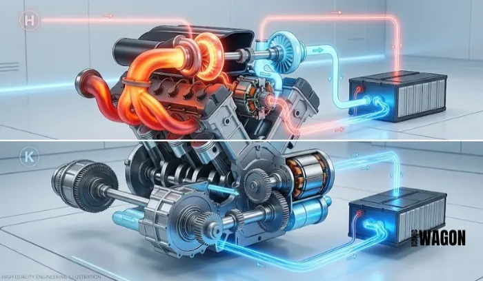 Comparison diagram of Formula 1 MGU-H exhaust turbocharger recovery versus MGU-K kinetic system